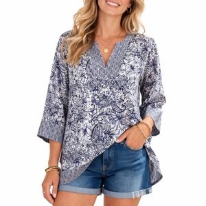 Sigrid Olsen 100% Linen Tunic Top Blue White Floral Print Women’s Size Large
